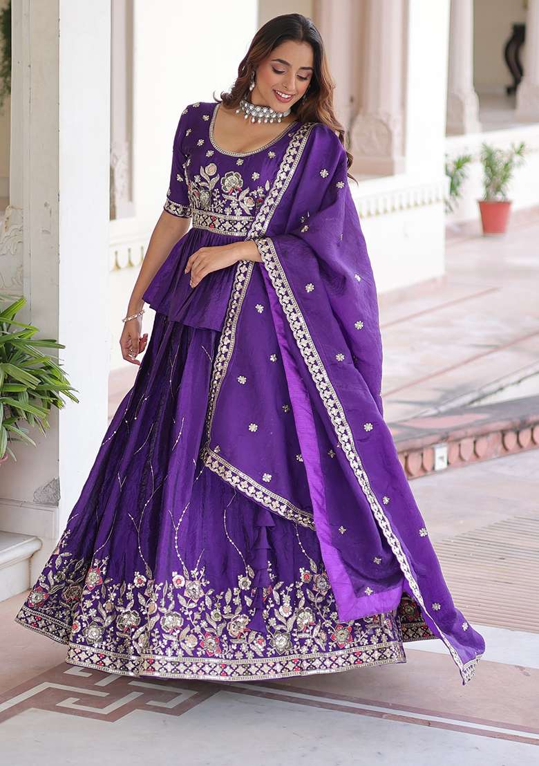 Purple Embroidered Silk Lehenga Set - Indya