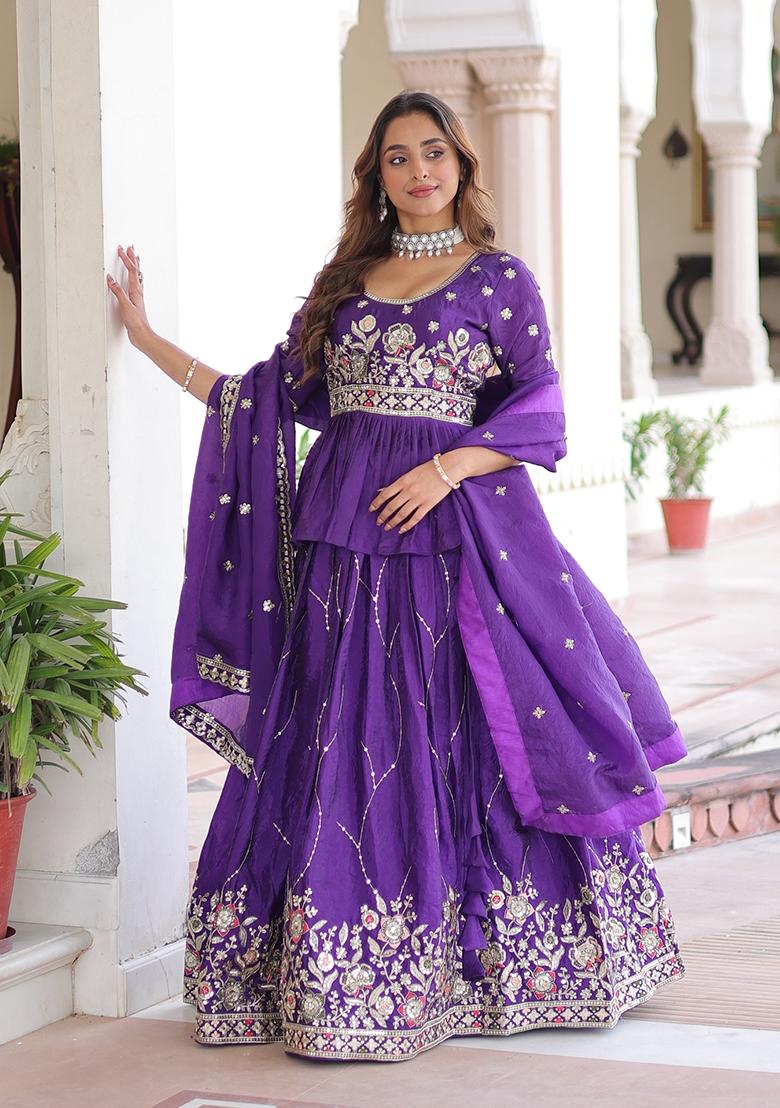 Purple Embroidered Silk Lehenga Set - Indya