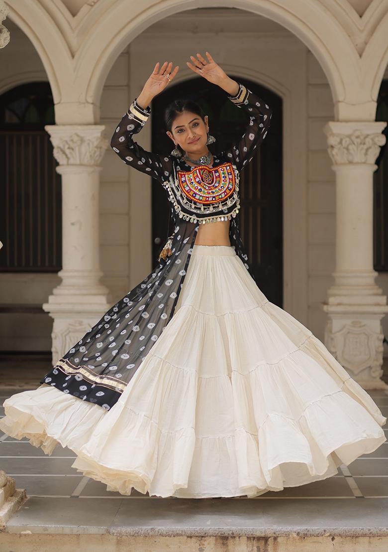 White Kutch Work Cotton Lehenga Set - Indya