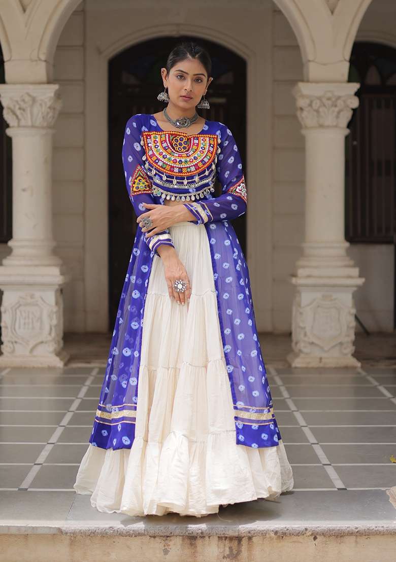 White Kutch Work Cotton Chaniya Choli Set For Navratri And Garba - Indya