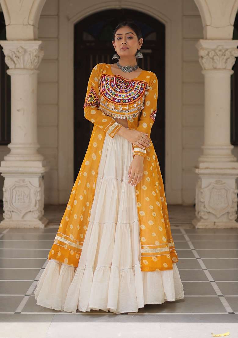 White Kutch Work Cotton Chaniya Choli Set For Navratri And Garba - Indya