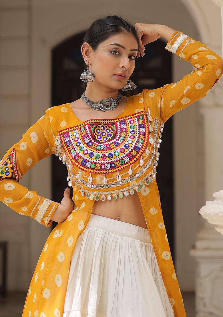 White Kutch Work Cotton Chaniya Choli Set For Navratri And Garba - Indya