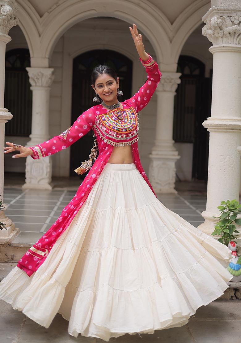 White Kutch Work Cotton Lehenga Set - Indya