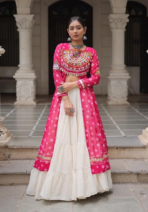 White Kutch Work Cotton Chaniya Choli Set For Navratri And Garba