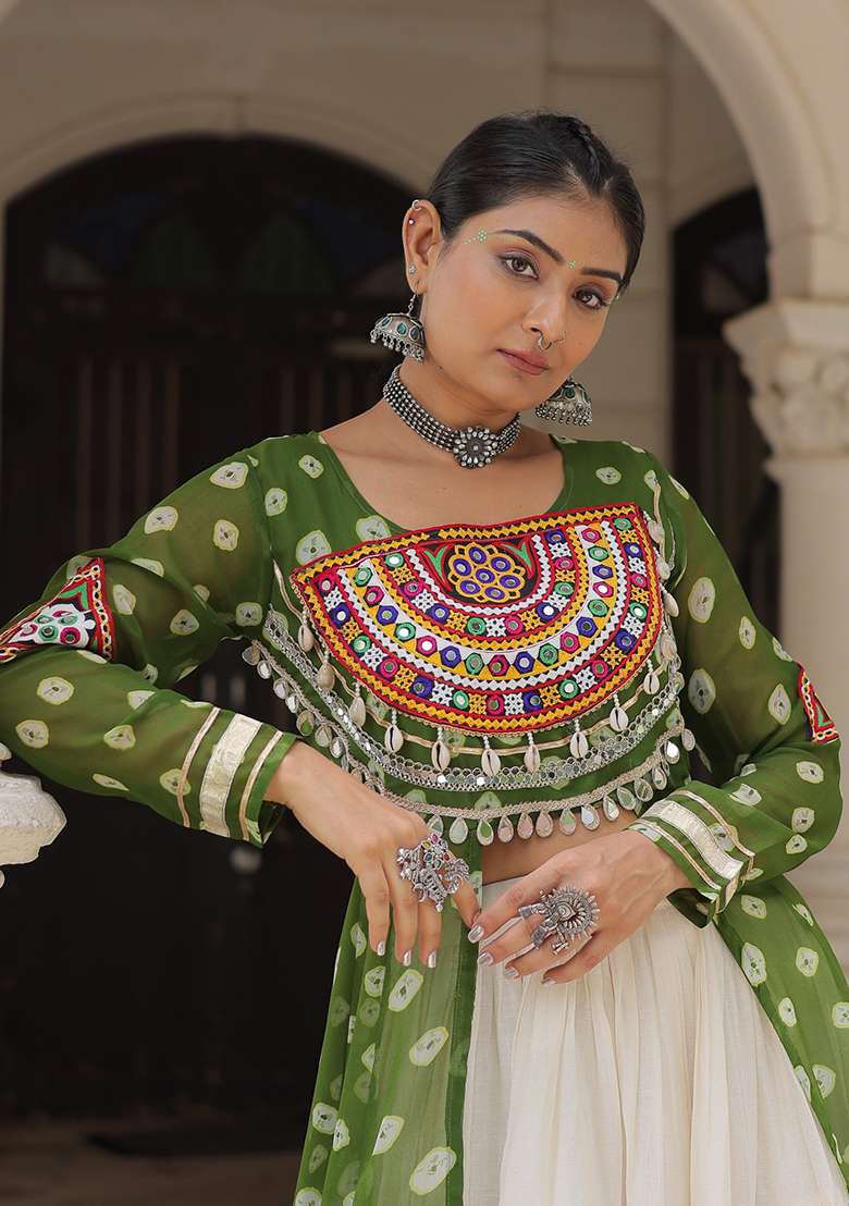 White Kutch Work Cotton Chaniya Choli Set For Navratri And Garba - Indya