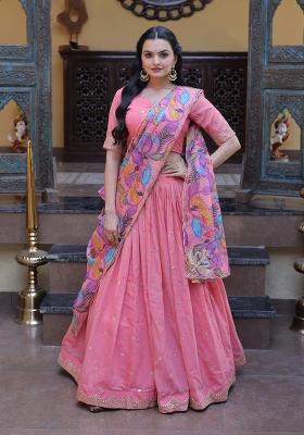 Pink Embroidered Silk Lehenga Set