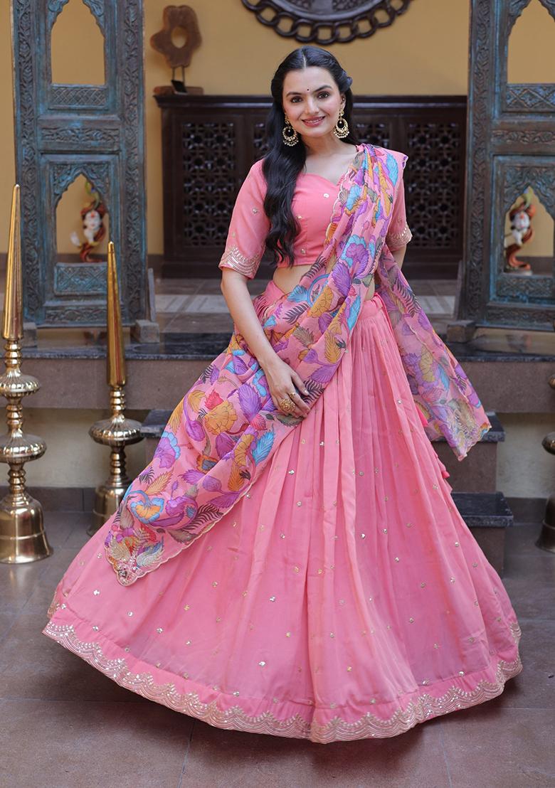 Pink Embroidered Silk Lehenga Set - Indya