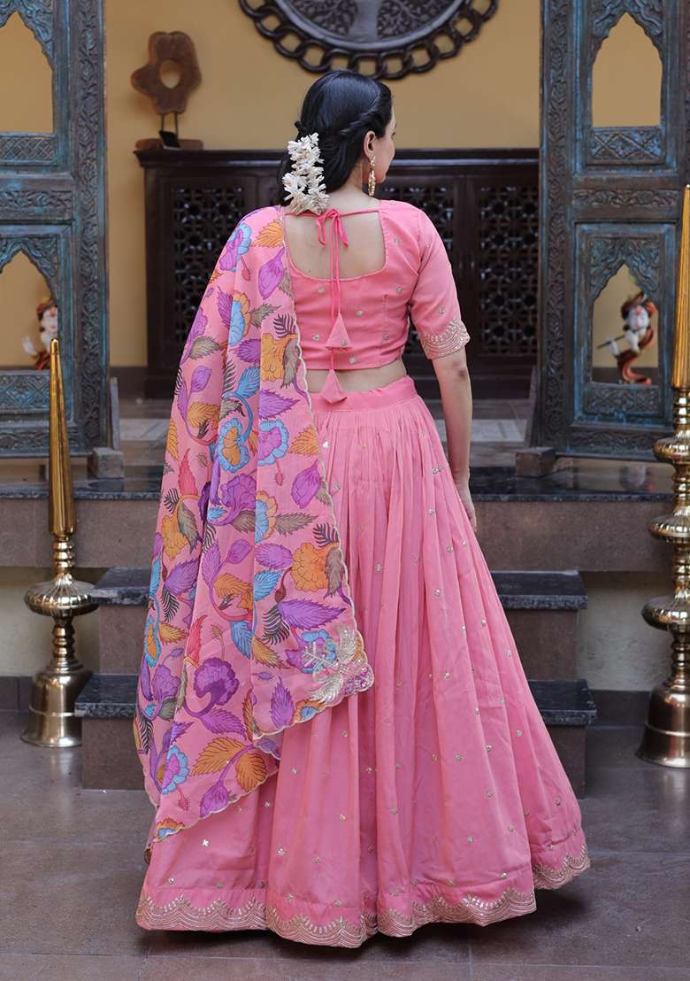 Pink Embroidered Silk Lehenga Set - Indya