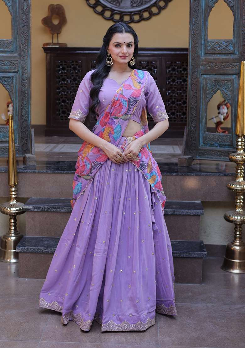 Lavender Embroidered Silk Lehenga Set - Indya