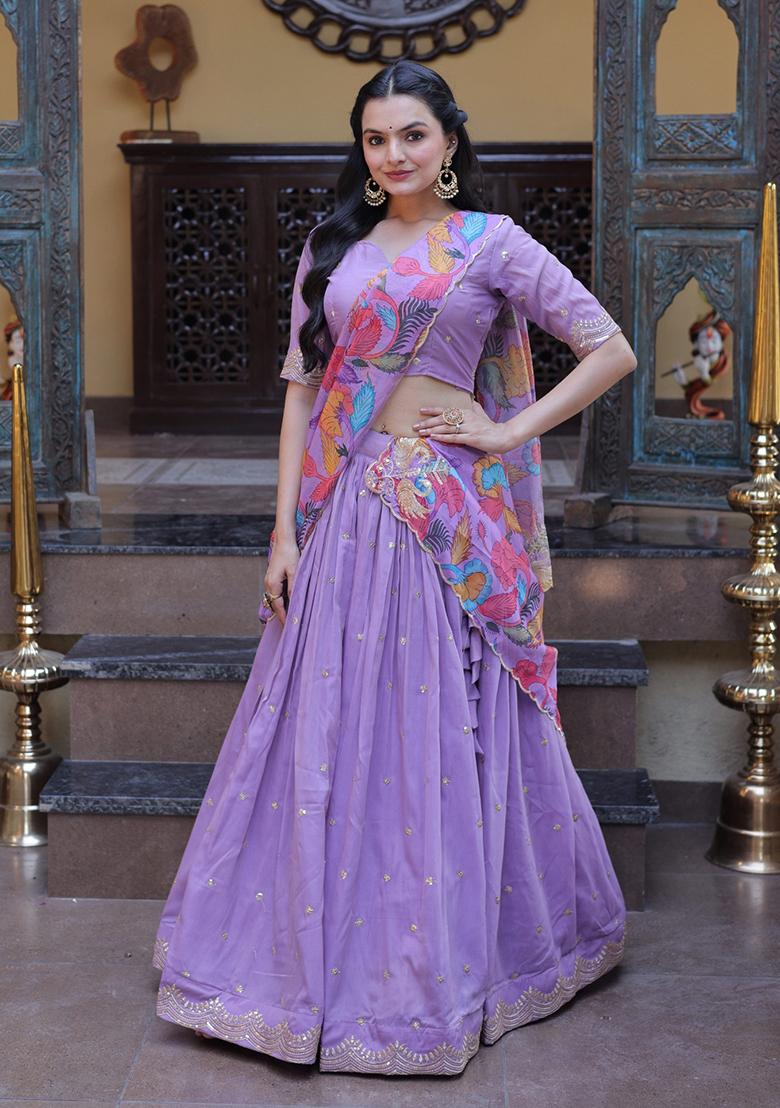 Lavender Embroidered Silk Lehenga Set - Indya