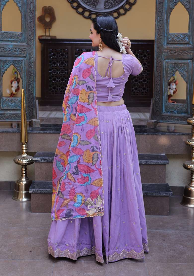Lavender Embroidered Silk Lehenga Set - Indya