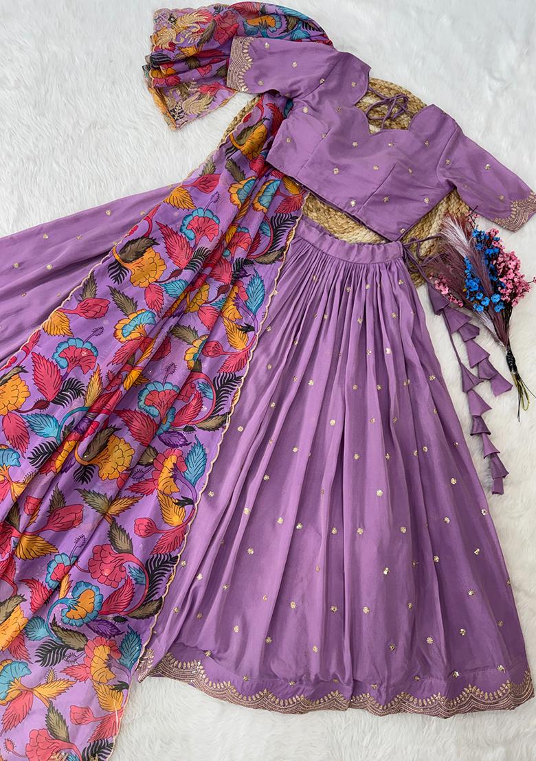 Lavender Embroidered Silk Lehenga Set - Indya