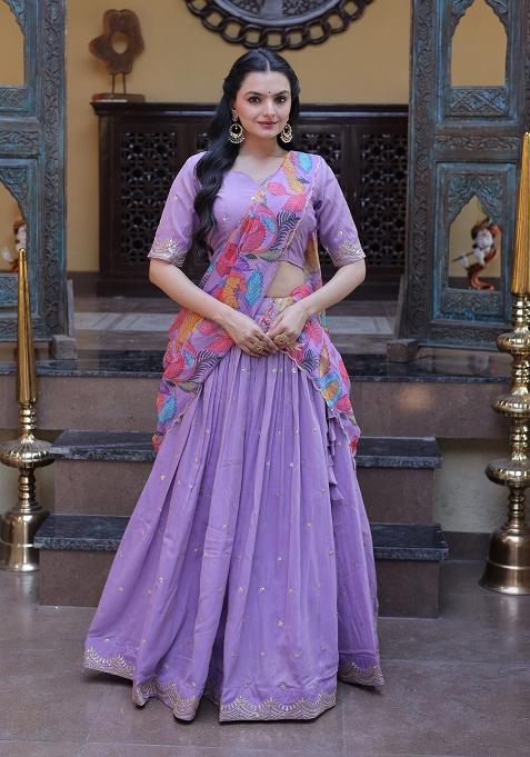 Lavender Embroidered Silk Lehenga Set