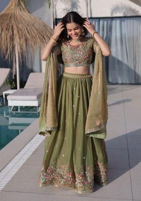 Mehendi Embroidered Silk Lehenga Set