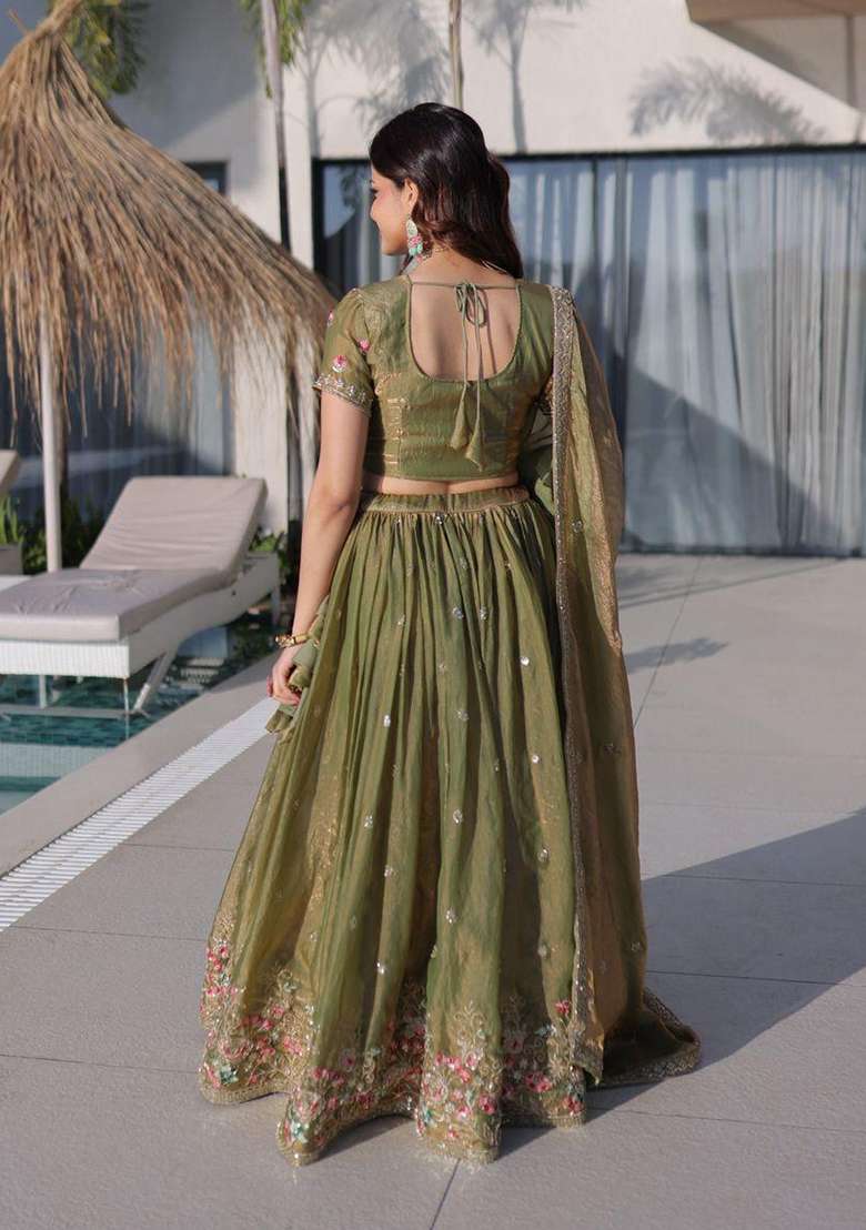 Mehendi Embroidered Silk Lehenga Set - Indya