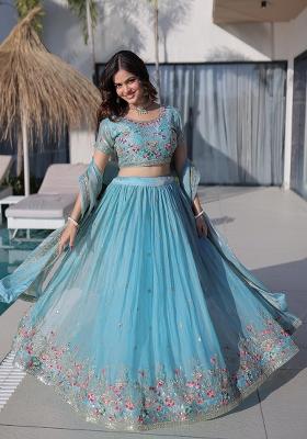 Sky Blue Embroidered Silk Lehenga Set