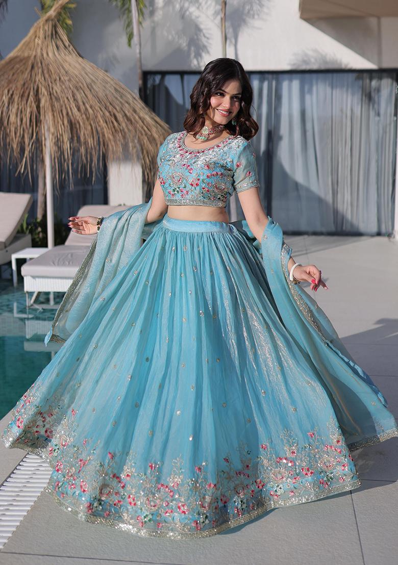 Sky Blue Embroidered Silk Lehenga Set - Indya