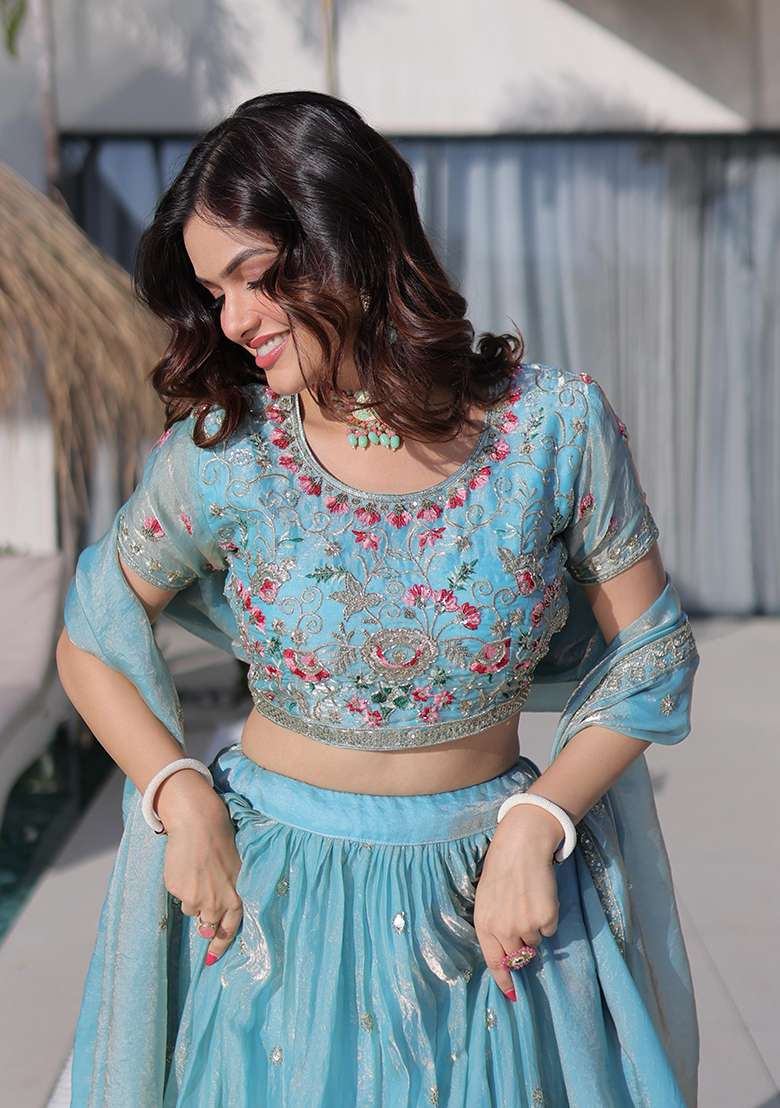 Sky Blue Embroidered Silk Lehenga Set - Indya