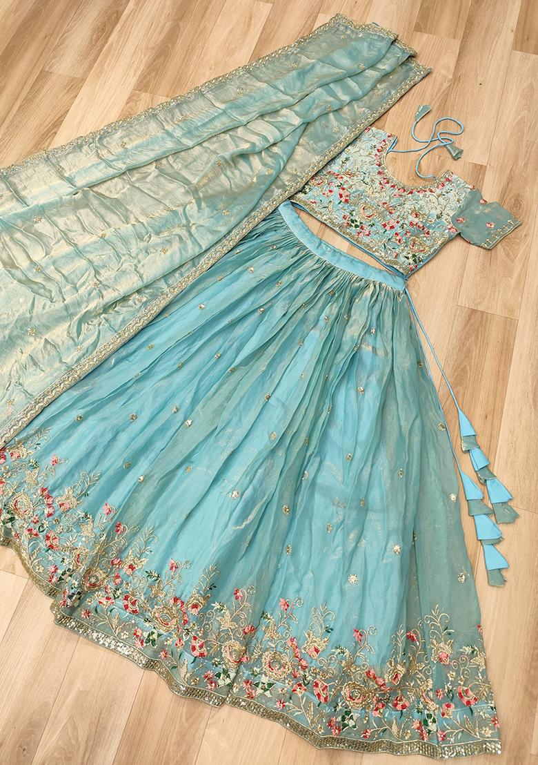 Sky Blue Embroidered Silk Lehenga Set - Indya