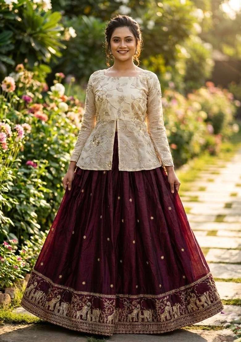 Maroon Embroidered Silk Lehenga Set - Indya