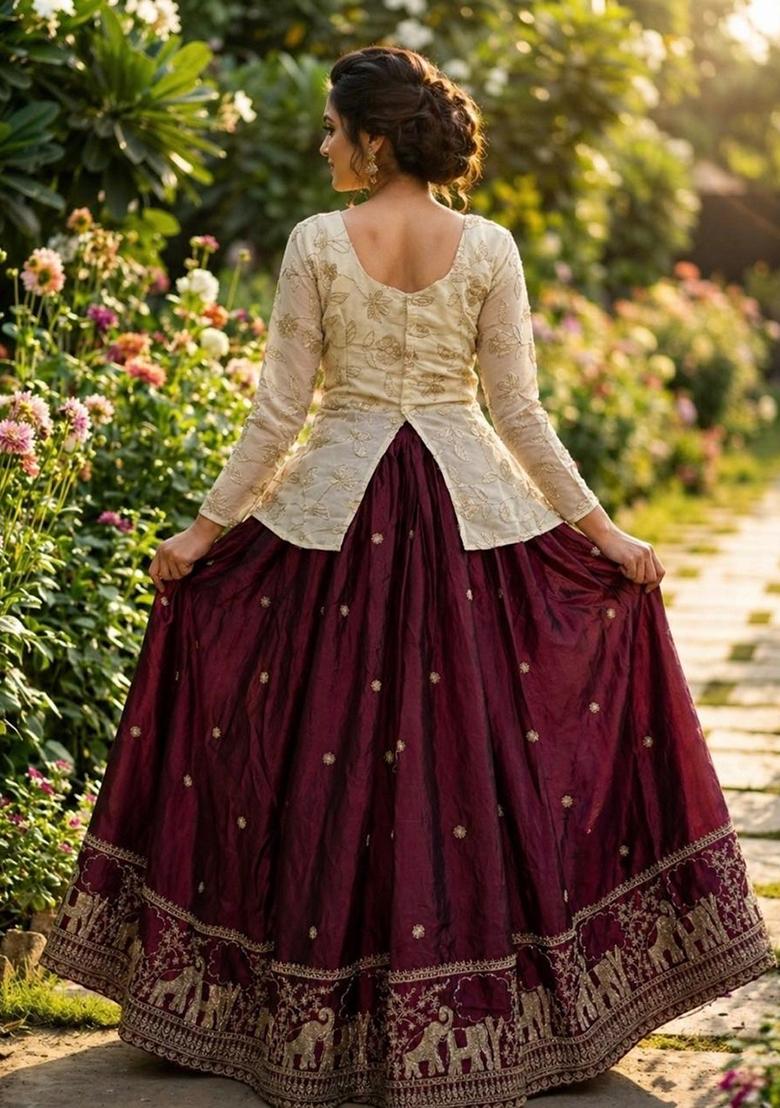 Maroon Embroidered Silk Lehenga Set - Indya
