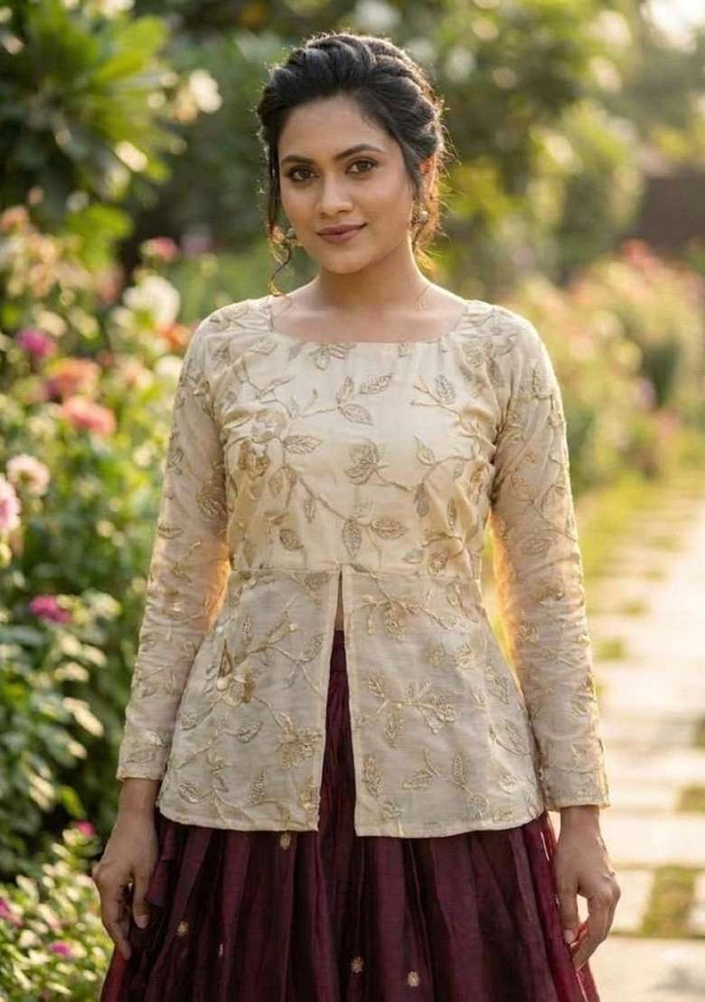 Maroon Embroidered Silk Lehenga Set - Indya