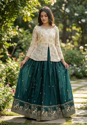 Dark Green Embroidered Silk Lehenga Set