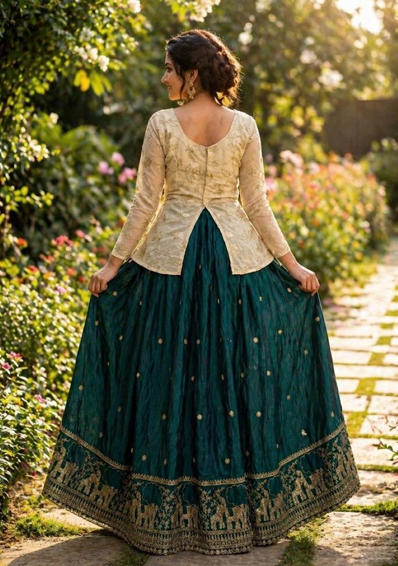 Dark Green Embroidered Silk Lehenga Set - Indya