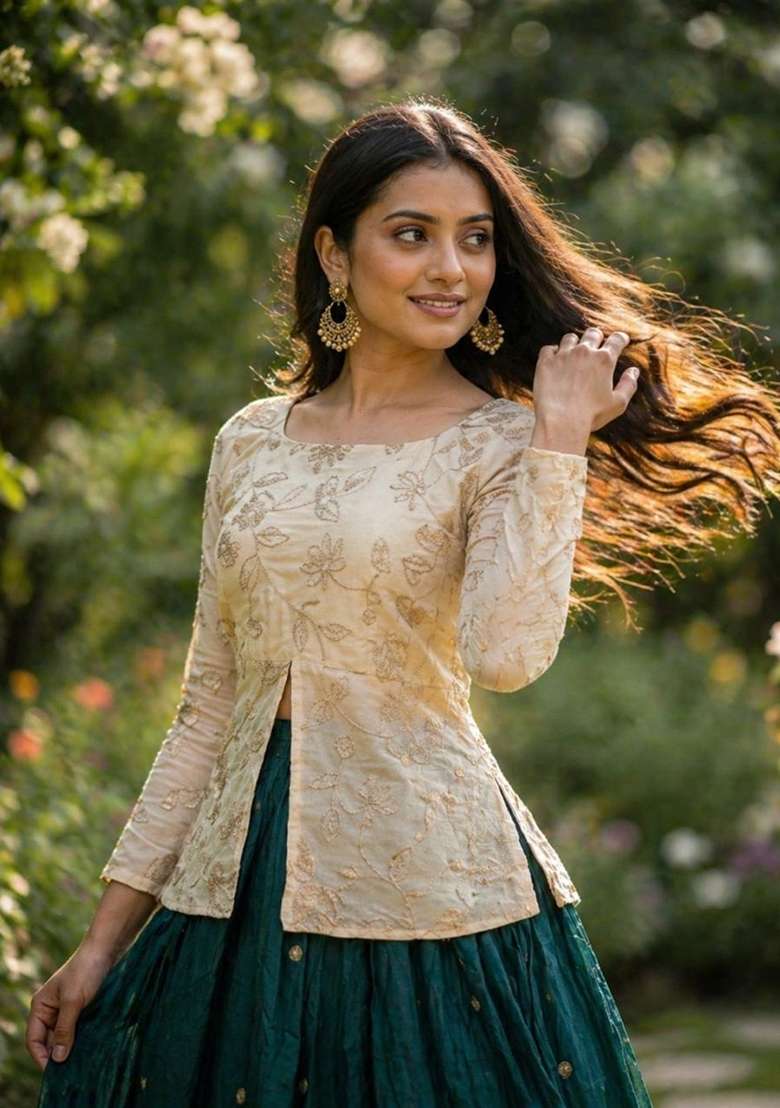 Dark Green Embroidered Silk Lehenga Set - Indya