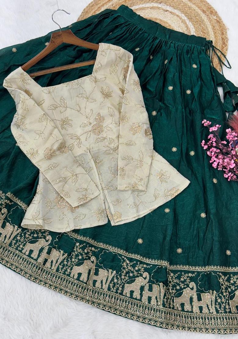 Dark Green Embroidered Silk Lehenga Set - Indya