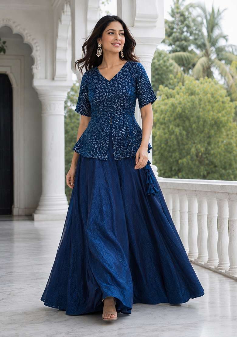 Navy Blue Embroidered Satin Lehenga Set - Indya