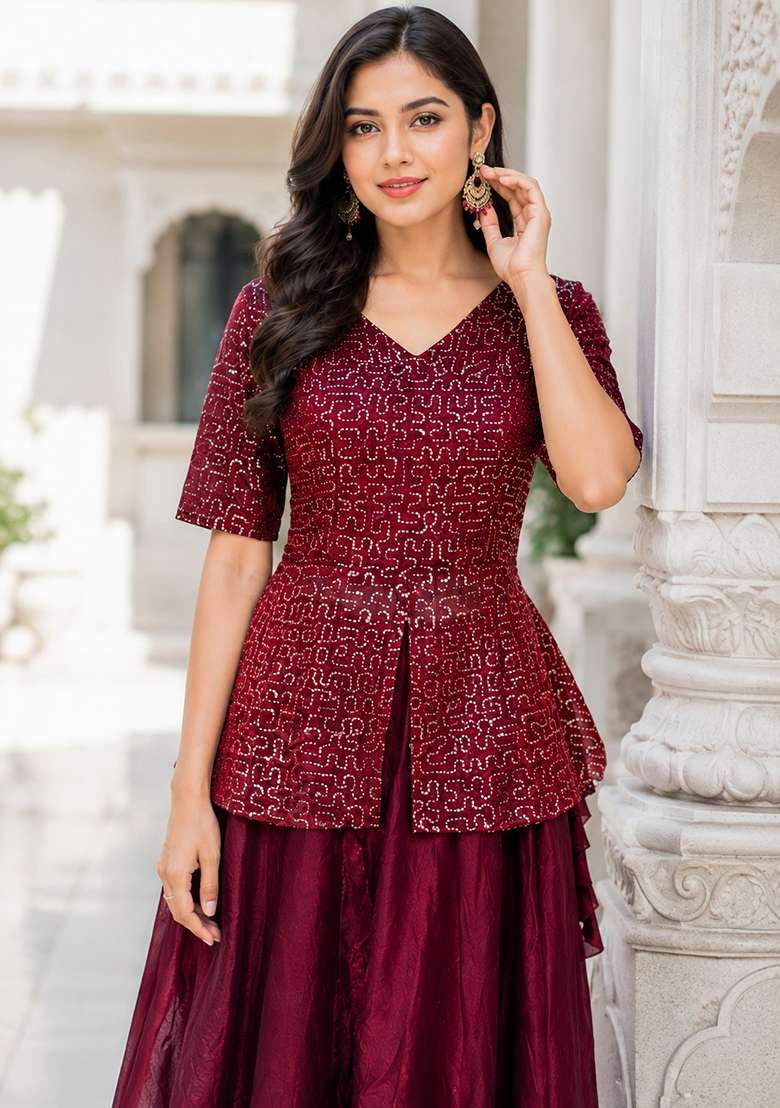 Maroon Embroidered Satin Lehenga Set - Indya