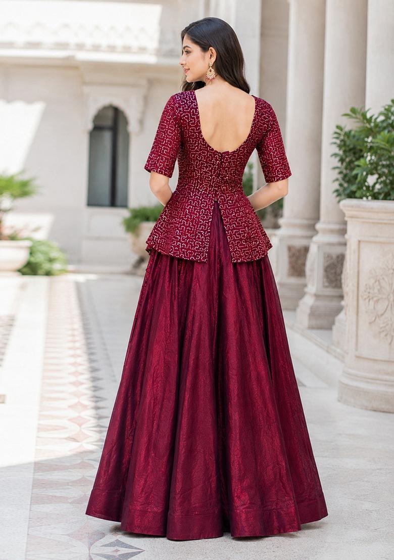 Maroon Embroidered Satin Lehenga Set - Indya
