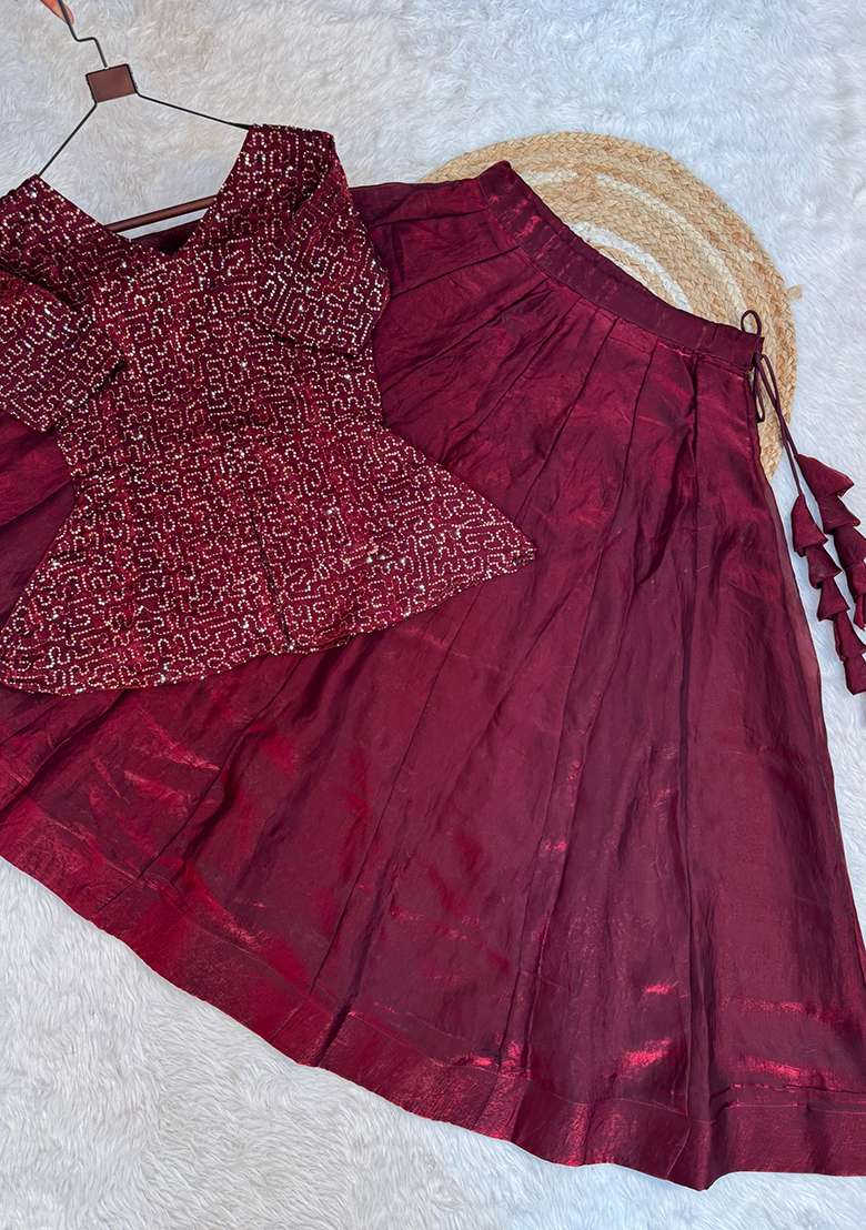 Maroon Embroidered Satin Lehenga Set - Indya