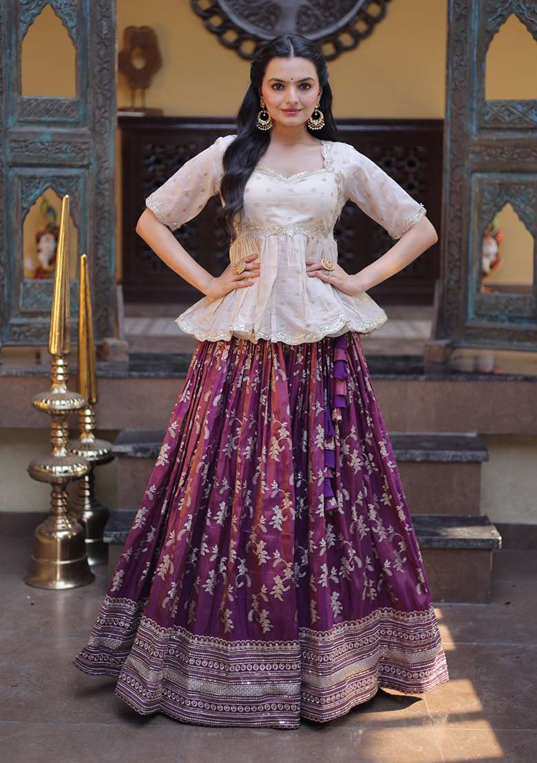 Wine Embroidered Viscose Lehenga Set - Indya