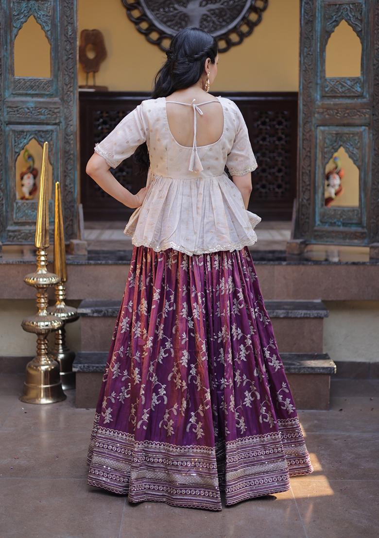 Wine Embroidered Viscose Lehenga Set - Indya