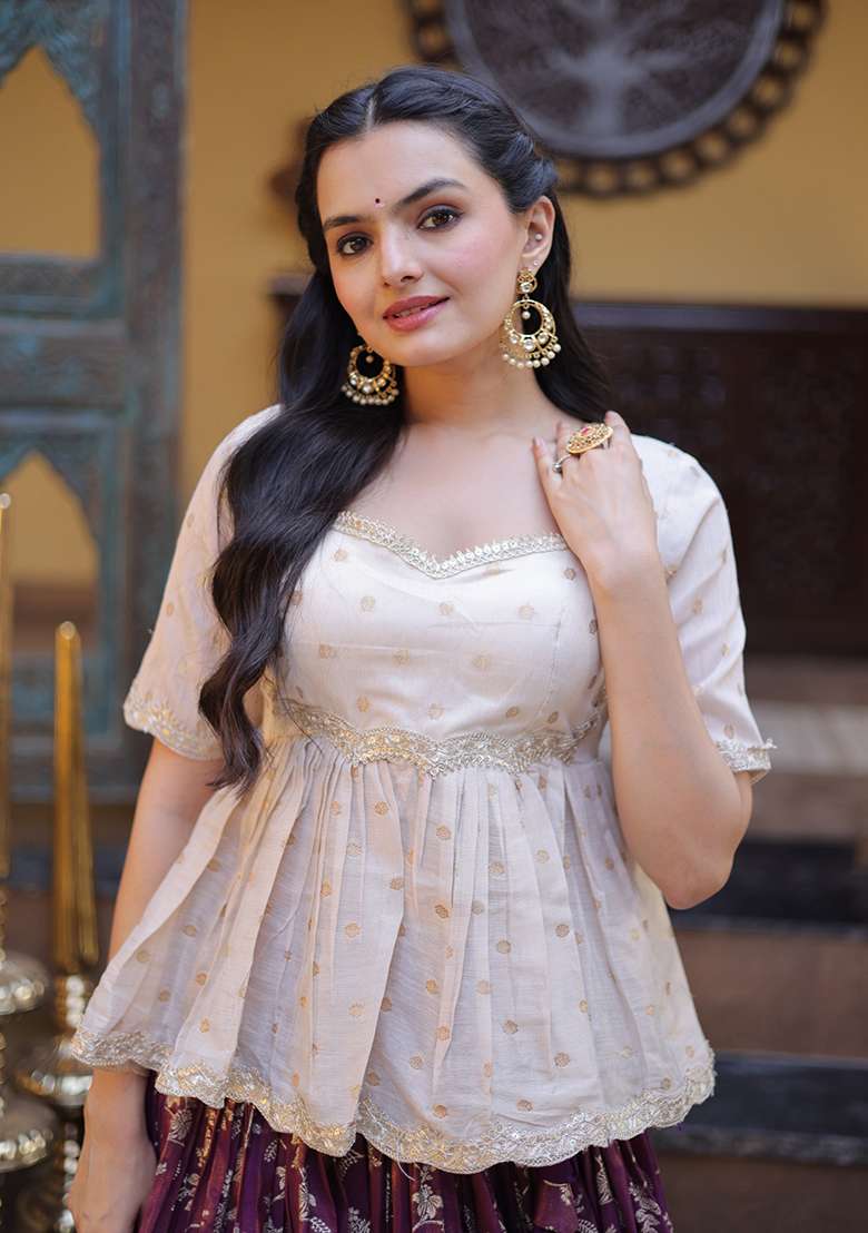 Wine Embroidered Viscose Lehenga Set - Indya