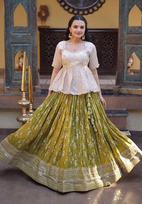 Green Embroidered Viscose Lehenga Set