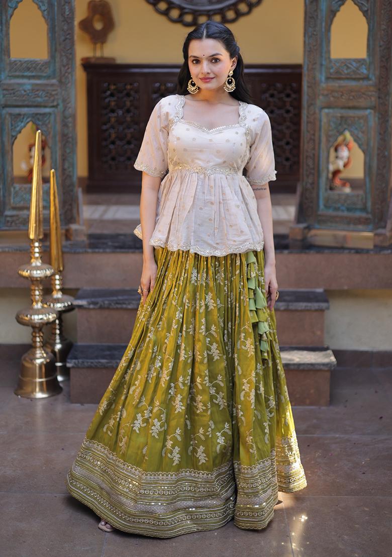 Green Embroidered Viscose Lehenga Set - Indya
