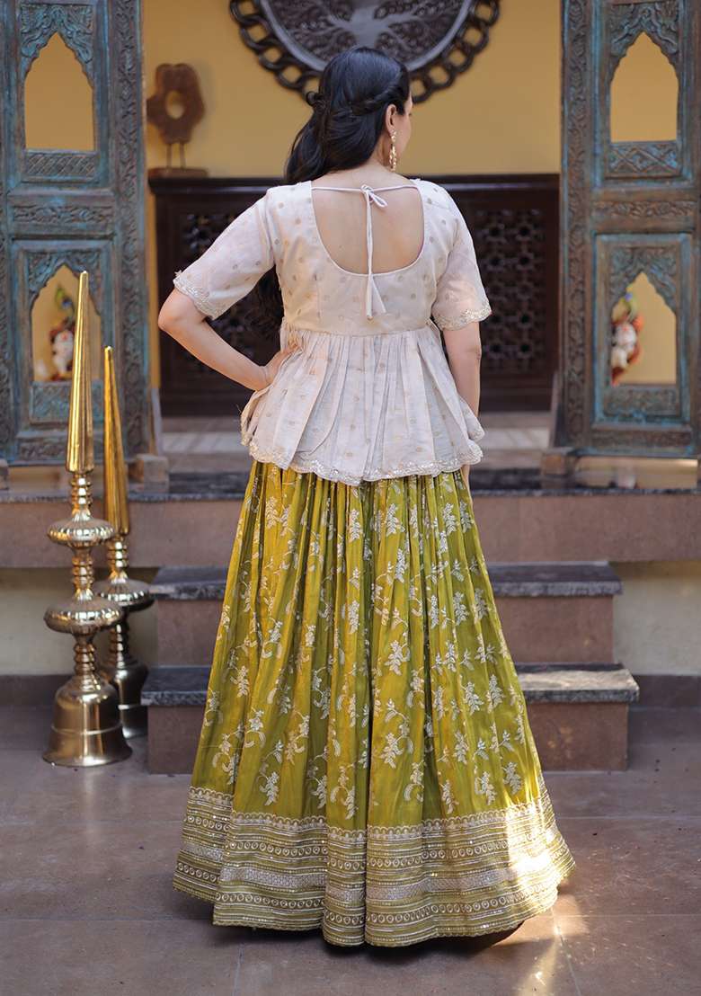 Green Embroidered Viscose Lehenga Set - Indya