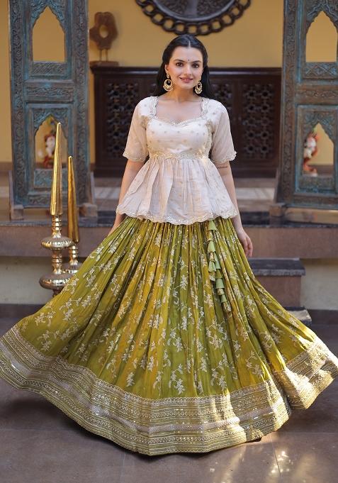 Green Embroidered Viscose Lehenga Set