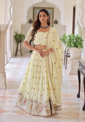 Off White Embroidered Silk Lehenga Set