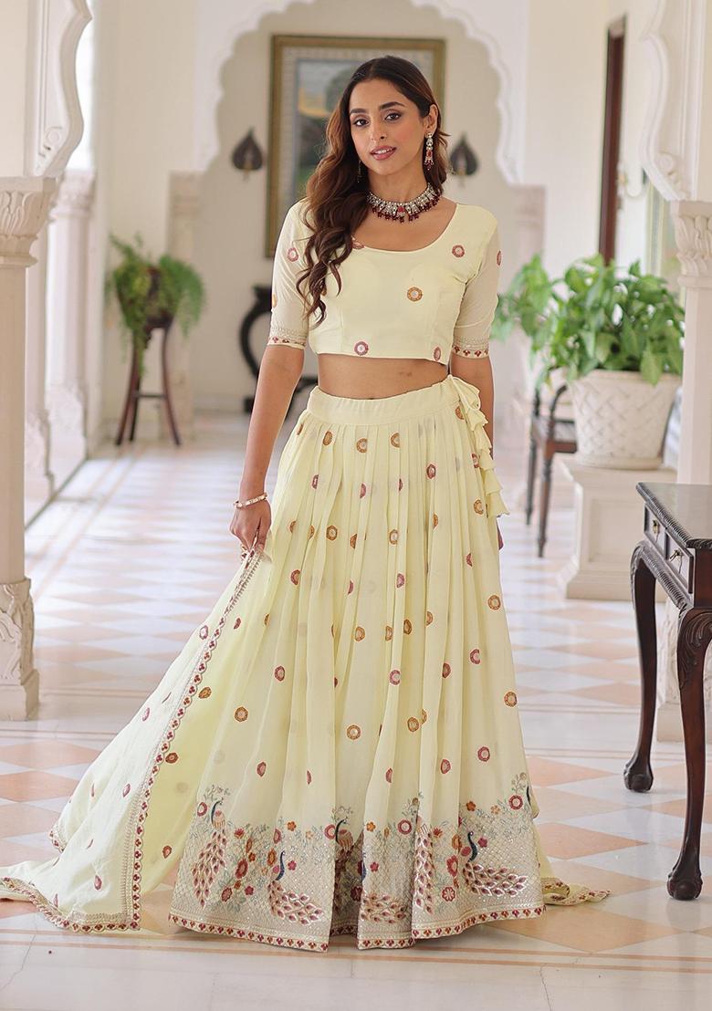 Off White Embroidered Silk Lehenga Set - Indya