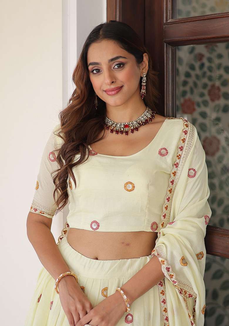 Off White Silk Lehenga Set with Embroidered for Diwali | Wedding & Festive Wear - Indya