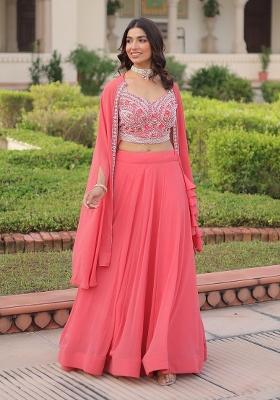 Peach Embroidered Georgette Lehenga Set