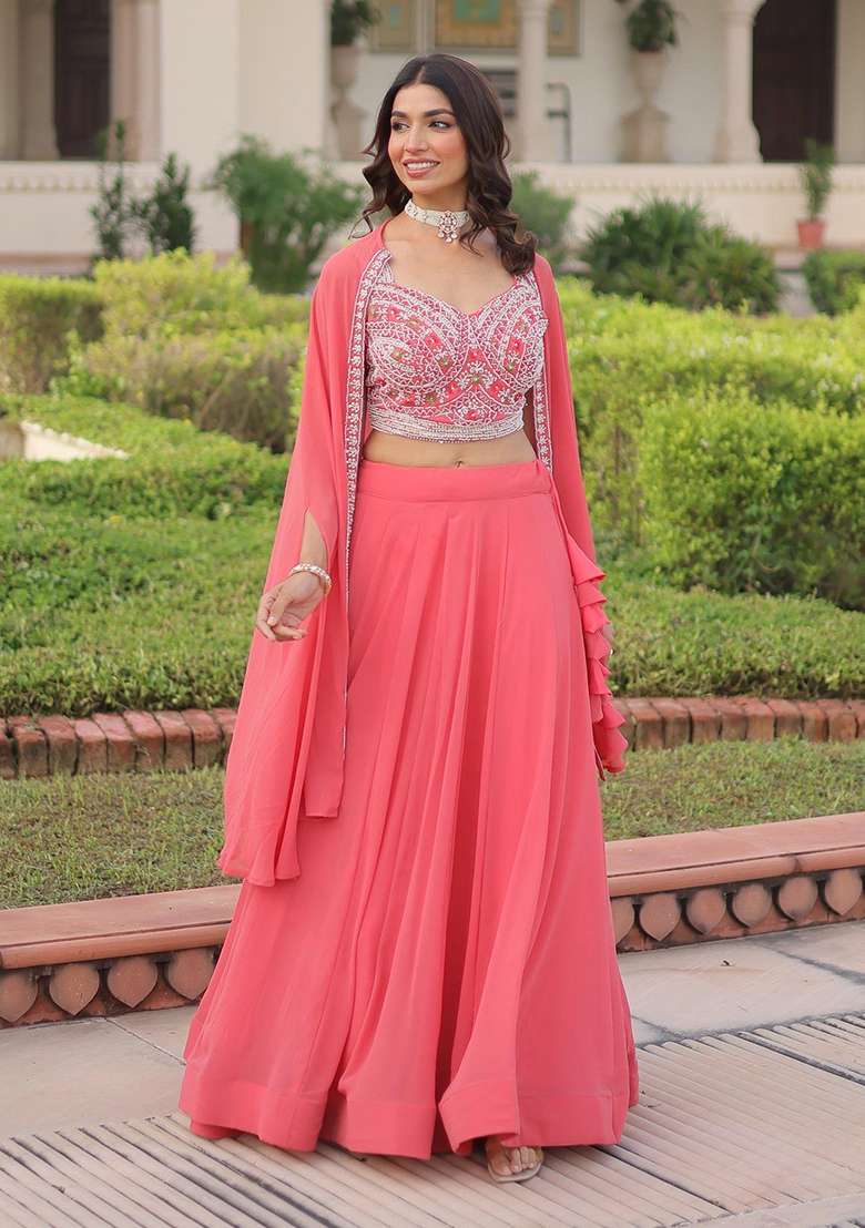 Peach Embroidered Georgette Lehenga Set for Diwali and Festive Wear - Indya