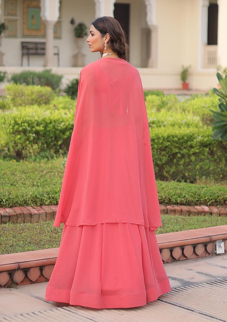 Peach Embroidered Georgette Lehenga Set - Indya