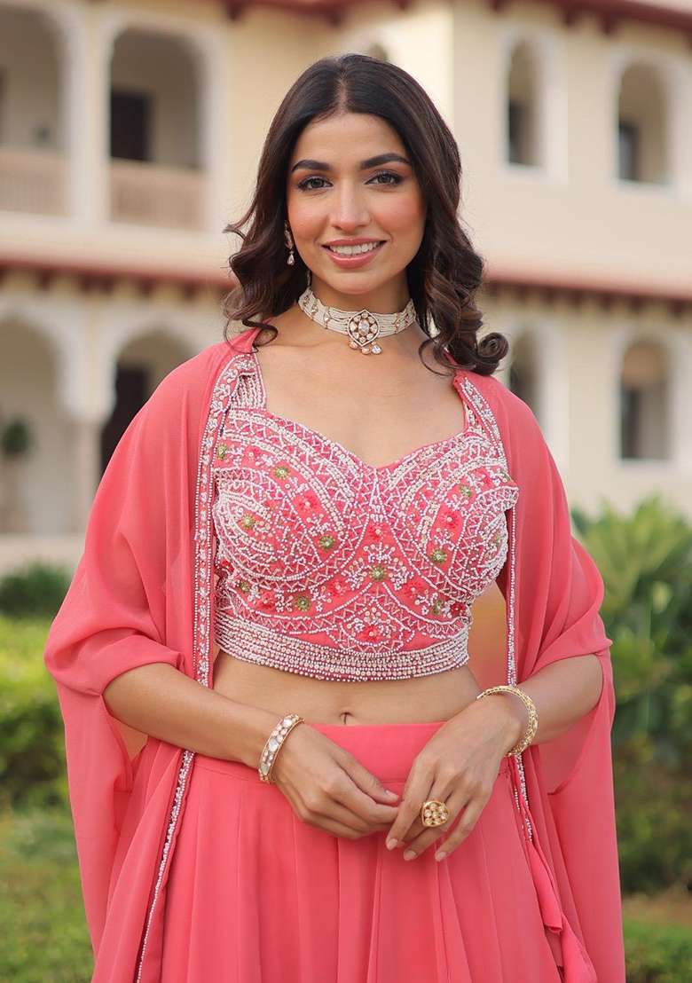Peach Embroidered Georgette Lehenga Set for Diwali and Festive Wear - Indya