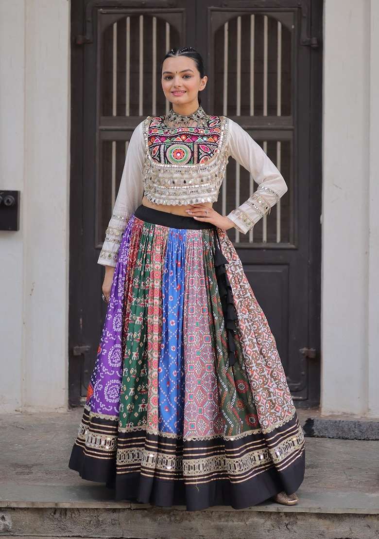 Multicolor Mirror Work Cotton Chaniya Choli Set For Navratri And Garba - Indya