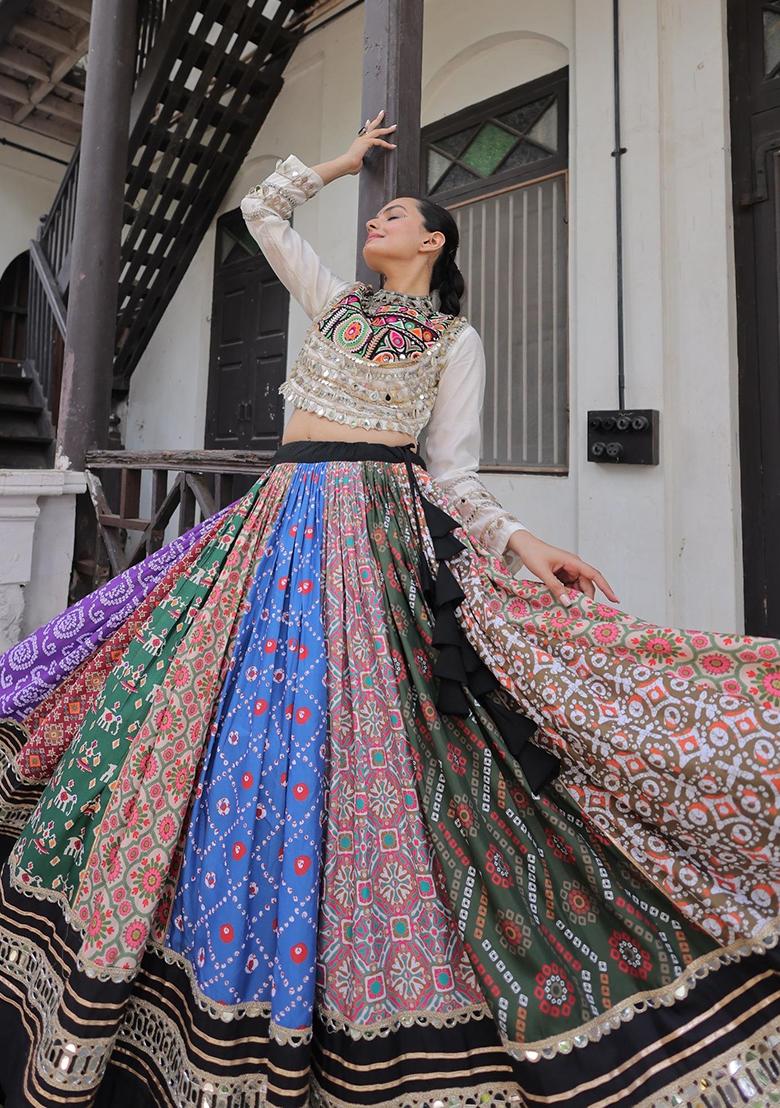 Multicolor Mirror Work Cotton Lehenga Set - Indya